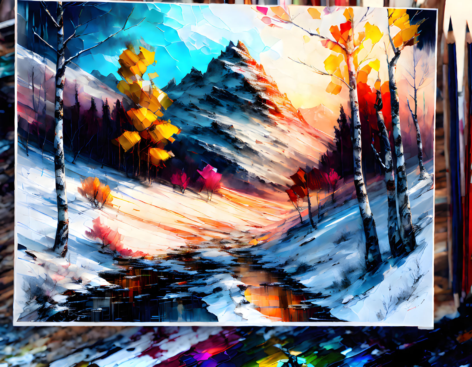 Colorful Impressionistic Mountain Landscape Painting with Snow and Foliage