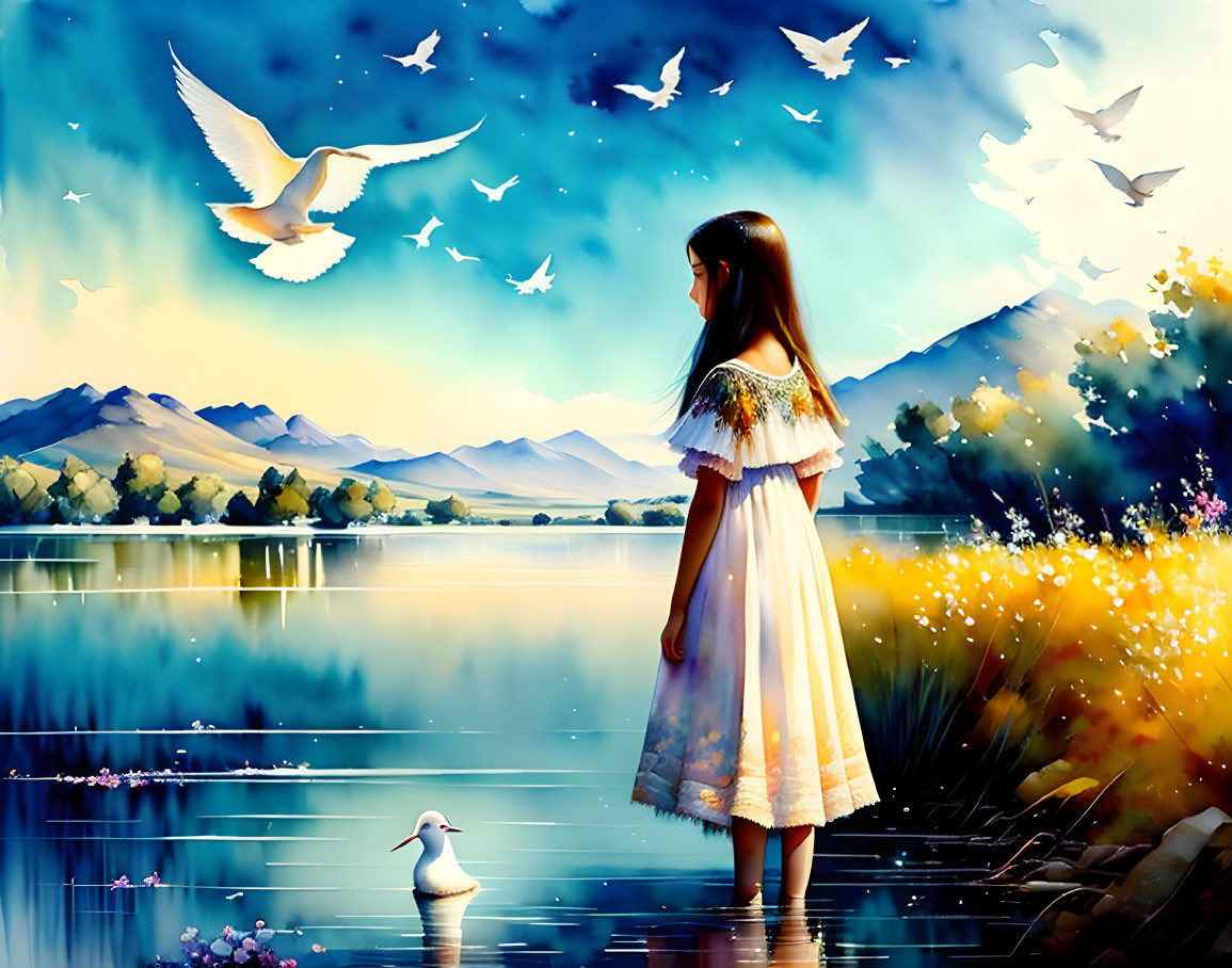 Young girl in white dress by lake with birds, mountains, water, flowers