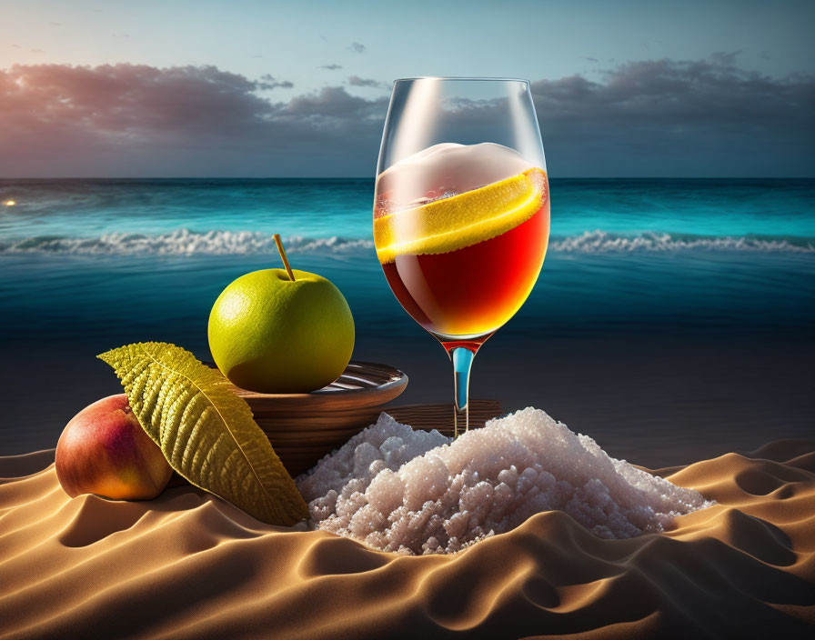 Sandy beach sunset scene with glass of beverage, lemon slice, green apple, peach, and corn