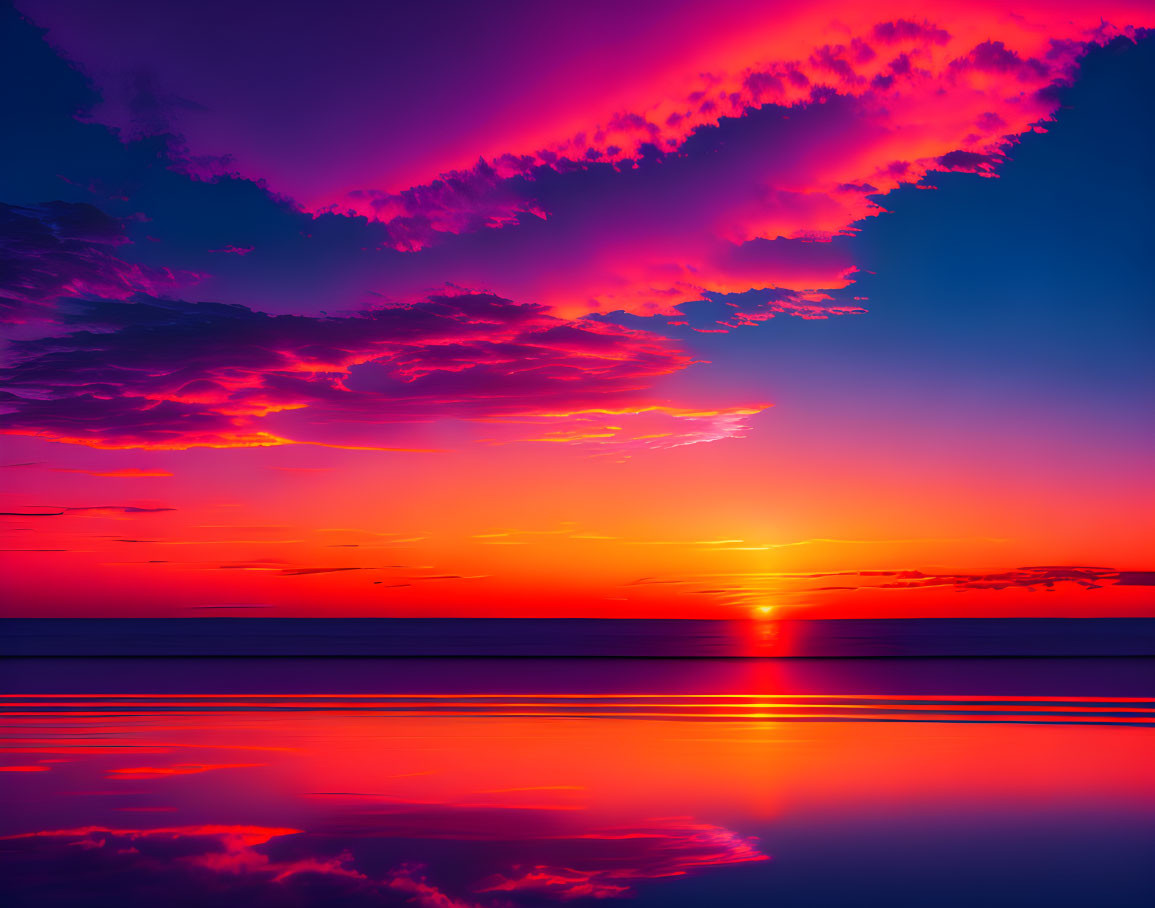 Colorful sunset sky over calm ocean with pink and purple clouds
