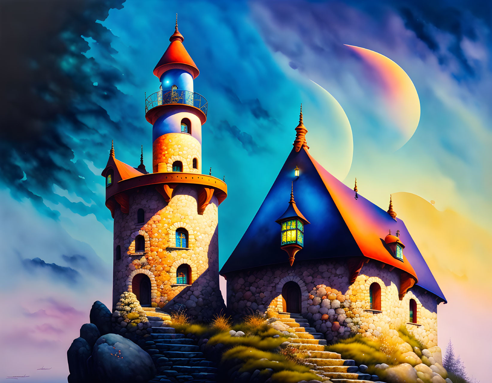 Fantasy stone castle with towers under twilight sky & crescent moon