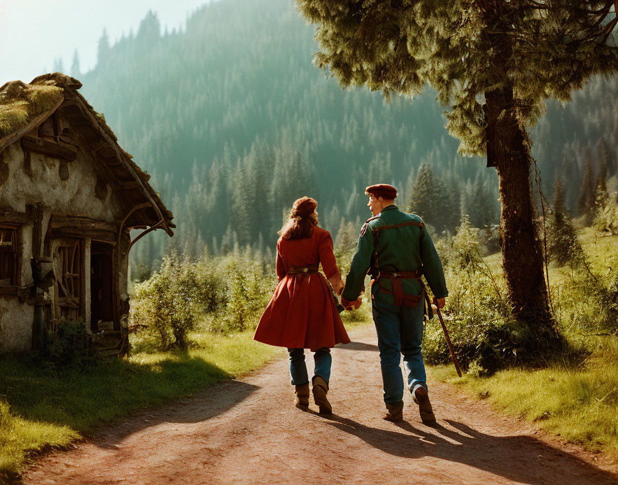 Vintage-clad couple walking on dirt path with rustic cottage and forested hills.