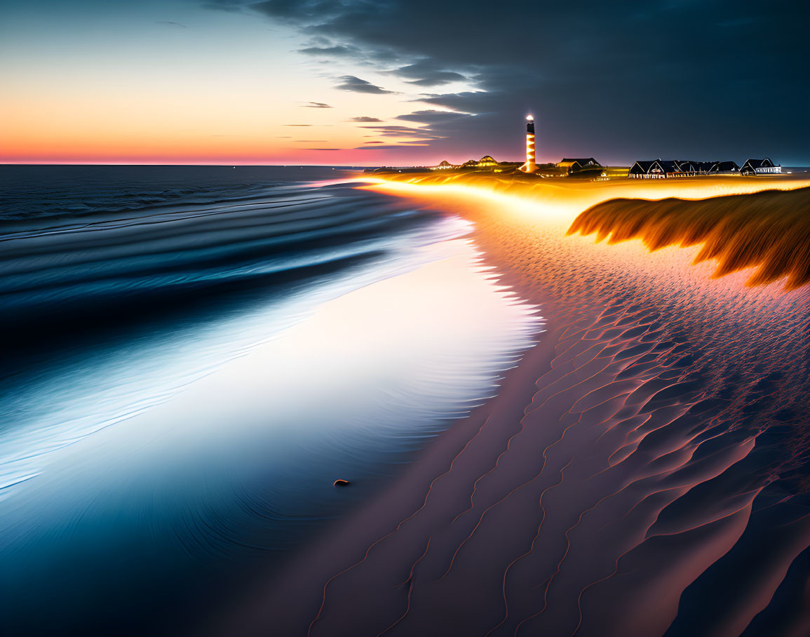 Twilight coastal scene with lighthouse, rushing waves, and rippled sand