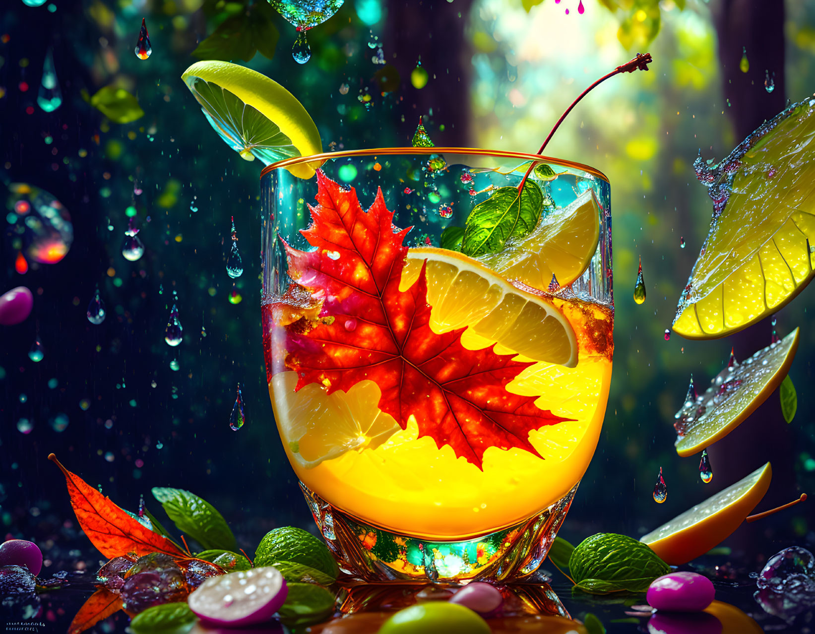 Colorful autumn leaf glass with golden liquid and nature elements