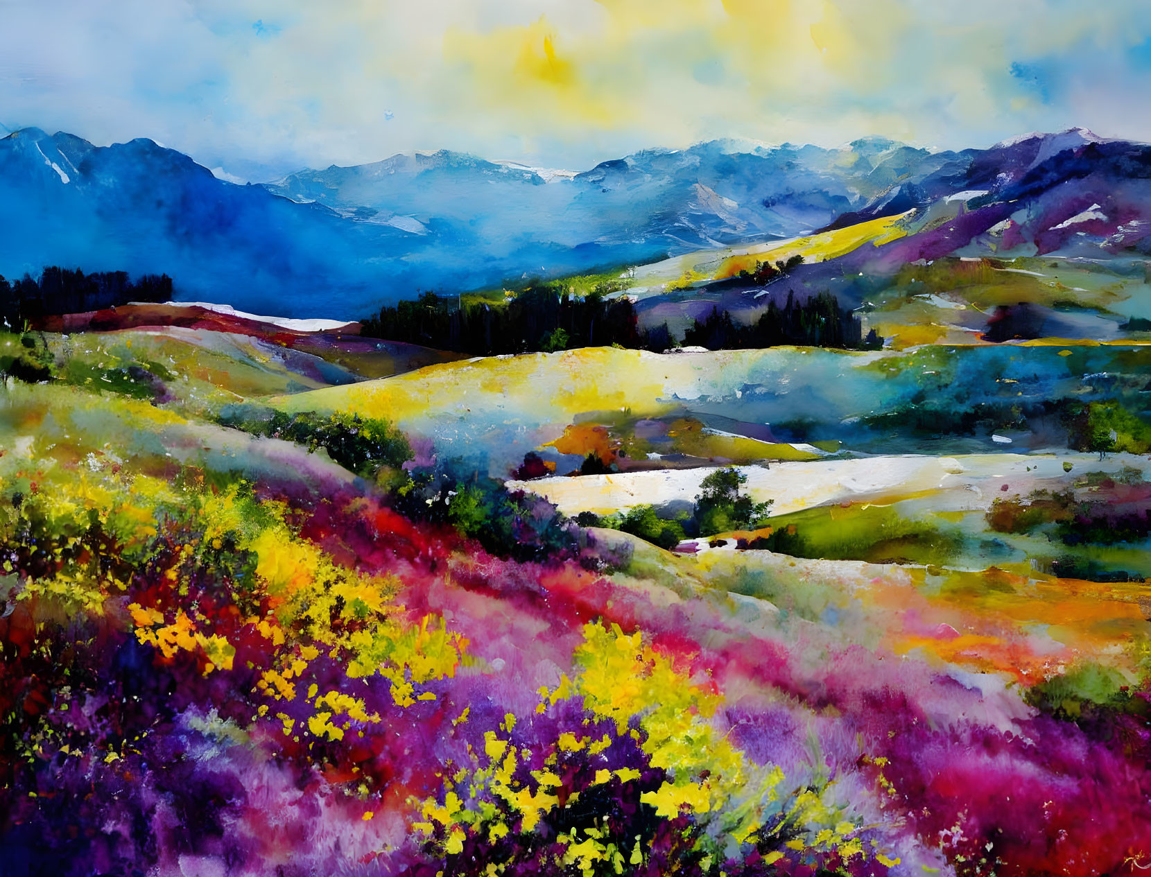 Colorful landscape painting with hills, wildflowers, lake, mountains, and yellow sky.