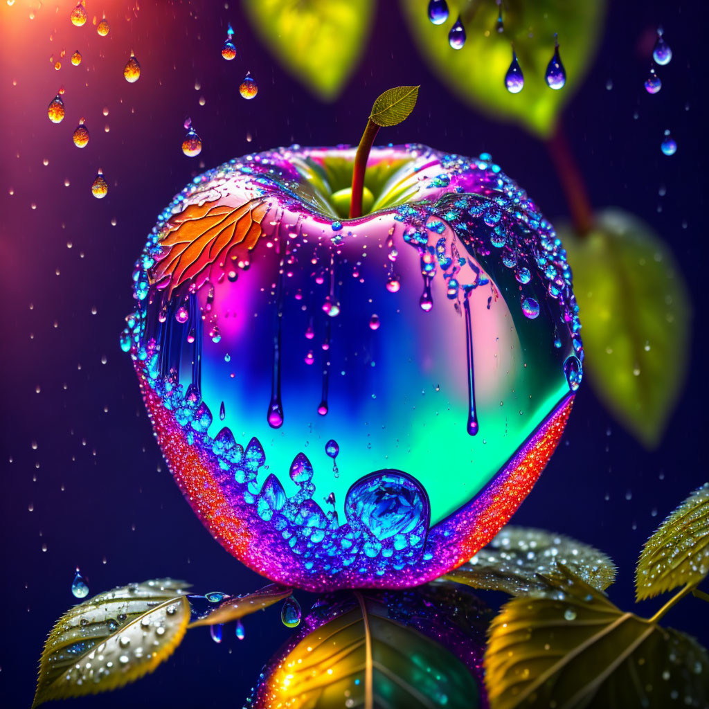 Multicolored apple with water droplets and leaves on blue-purple backdrop