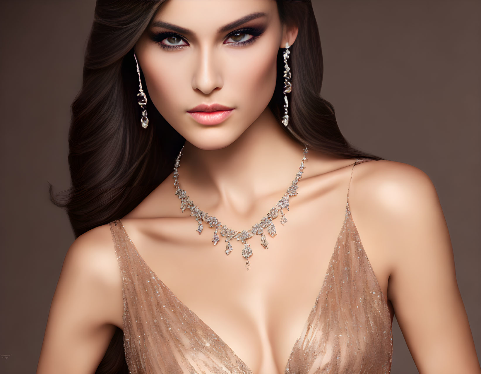 Woman with Long Brown Hair in Sparkly Beige Dress & Diamond Jewelry