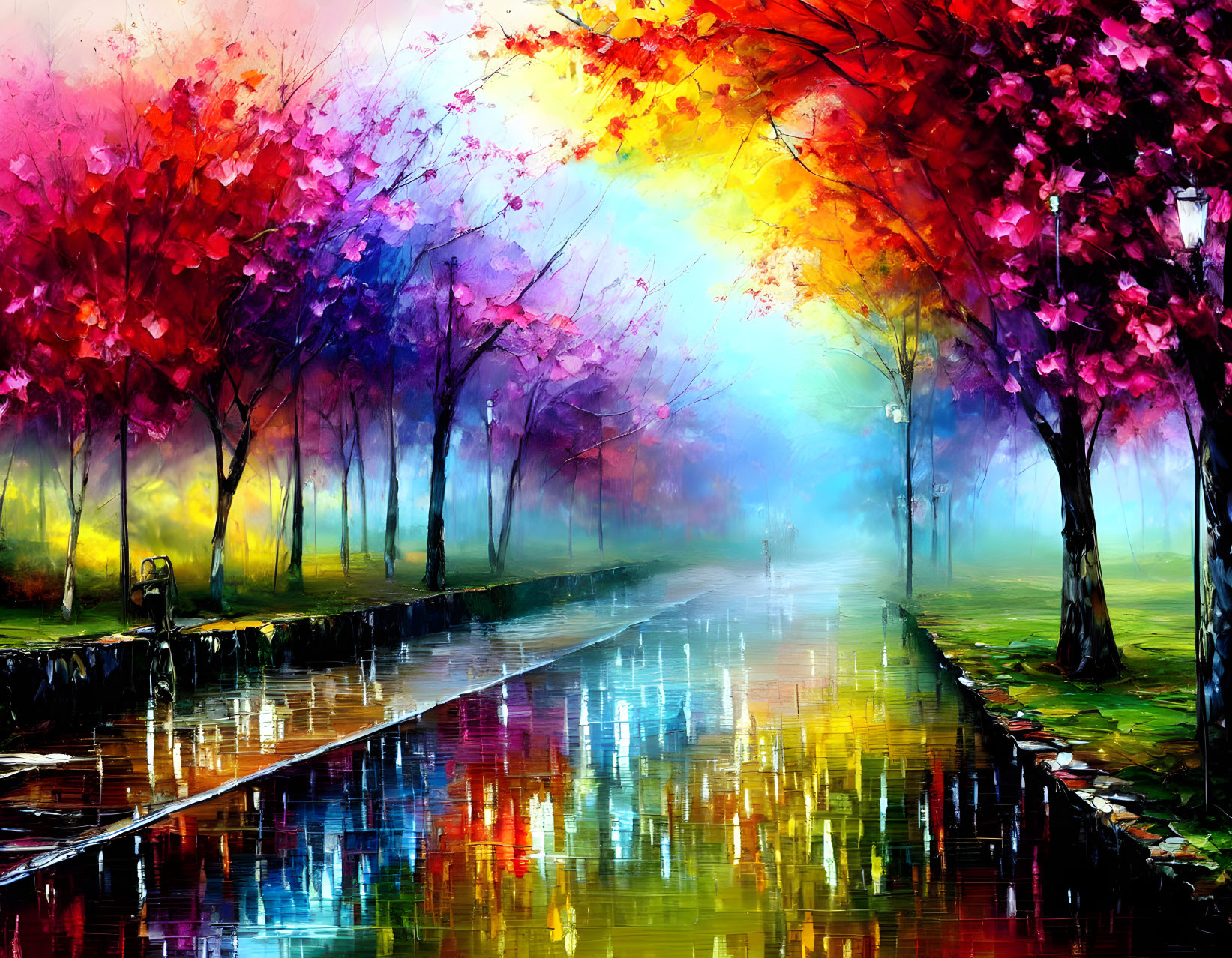 Colorful Tree-Lined Path Painting on Rainy Day