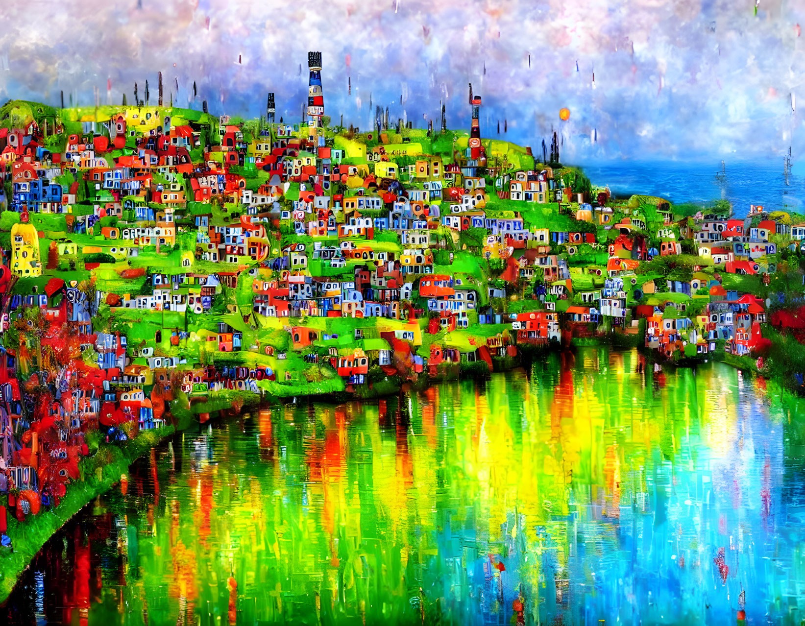 Vibrant Impressionist Painting of Hillside Town and River
