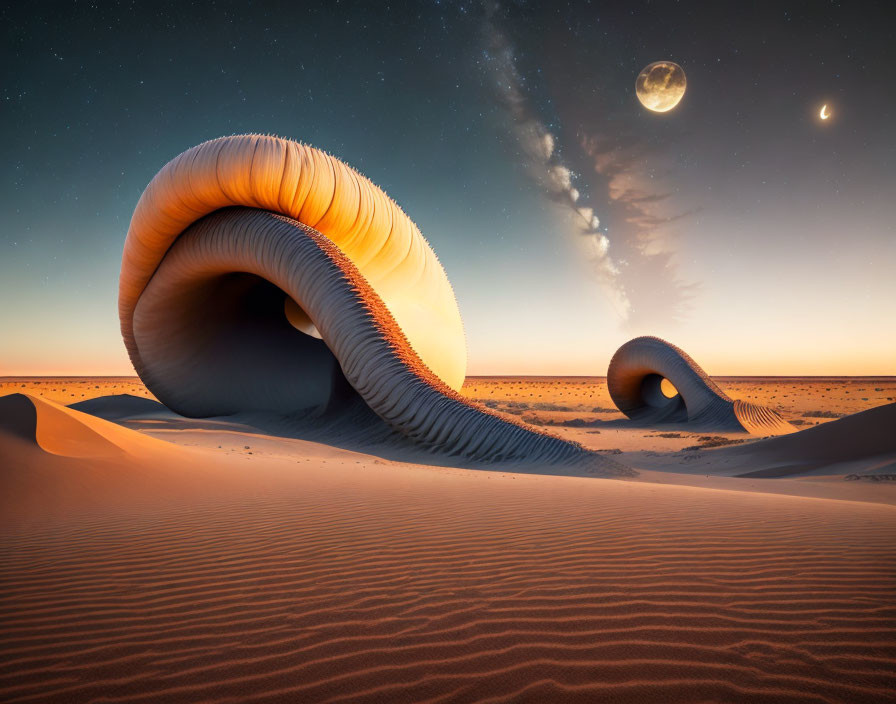 Curled Sand Dunes in Surreal Twilight Landscape