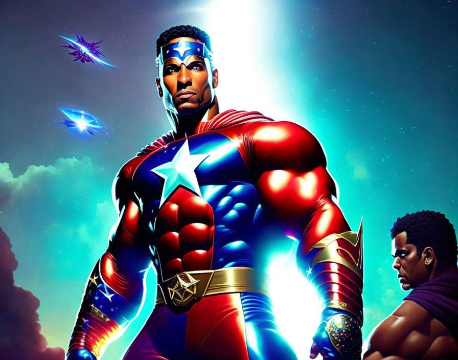 Superhero illustration in red and blue suit with star emblem on chest.