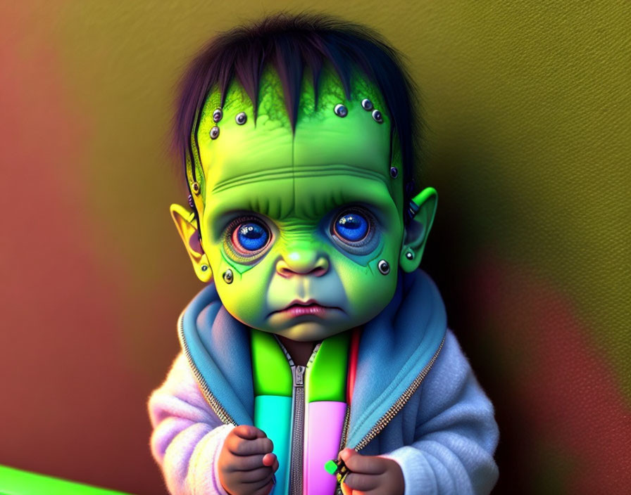 Colorful Digital Artwork: Baby with Green Skin, Blue Eyes, Bolts on Head, Hood