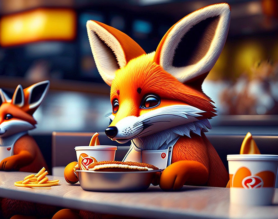 Illustration: Anthropomorphic foxes at diner, one with joyful expression