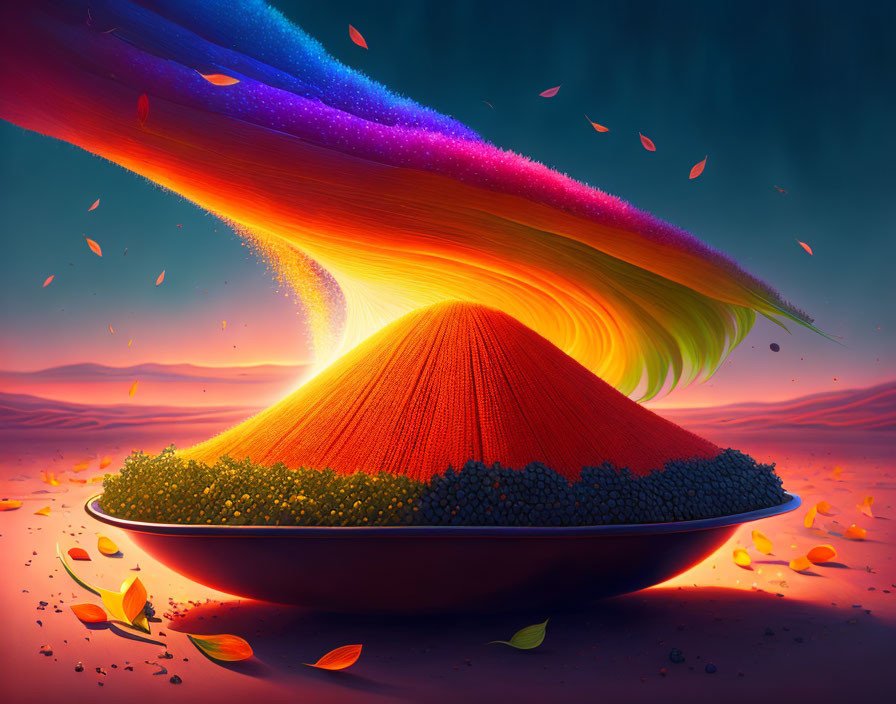 Colorful Whimsical Landscape with Ribbon-like Structure and Volcanic Mound