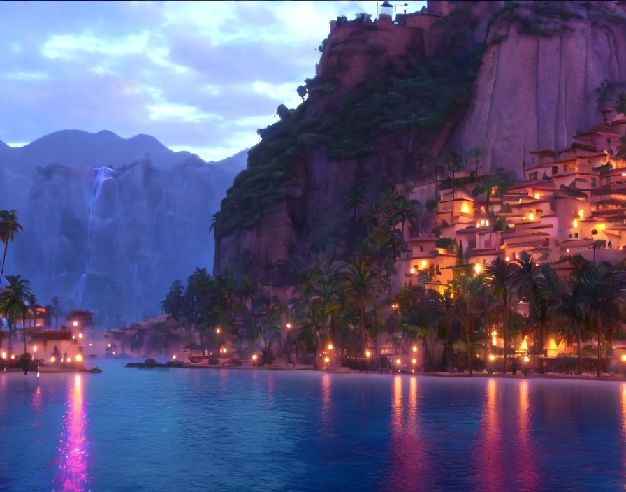 Tropical seaside village at twilight with illuminated buildings, palm trees, waterfall, and purple ocean.