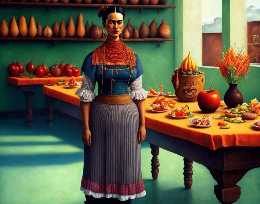 Traditional woman painting with fruits and pottery in green room