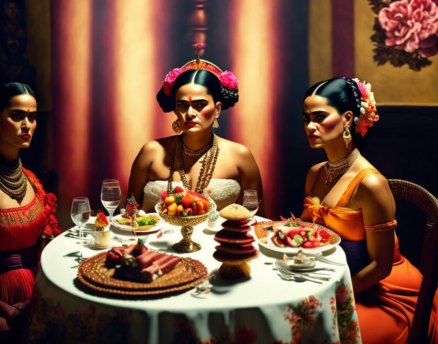 Three women in elegant dresses with traditional Mexican hairstyles at a table with vibrant, colorful food.