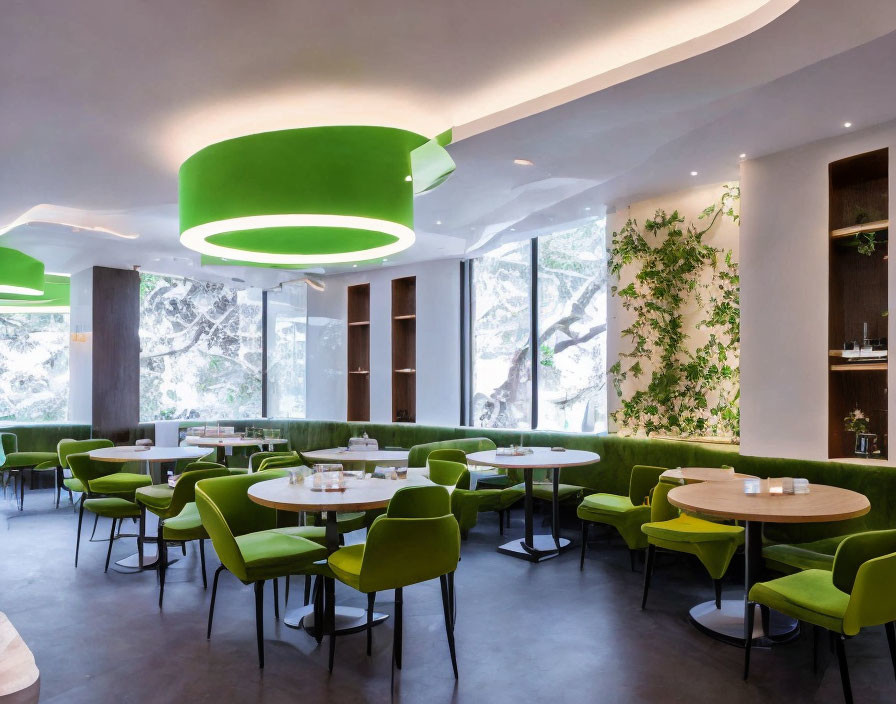 Contemporary Restaurant Interior with Green Chairs and Circular Light Fixtures