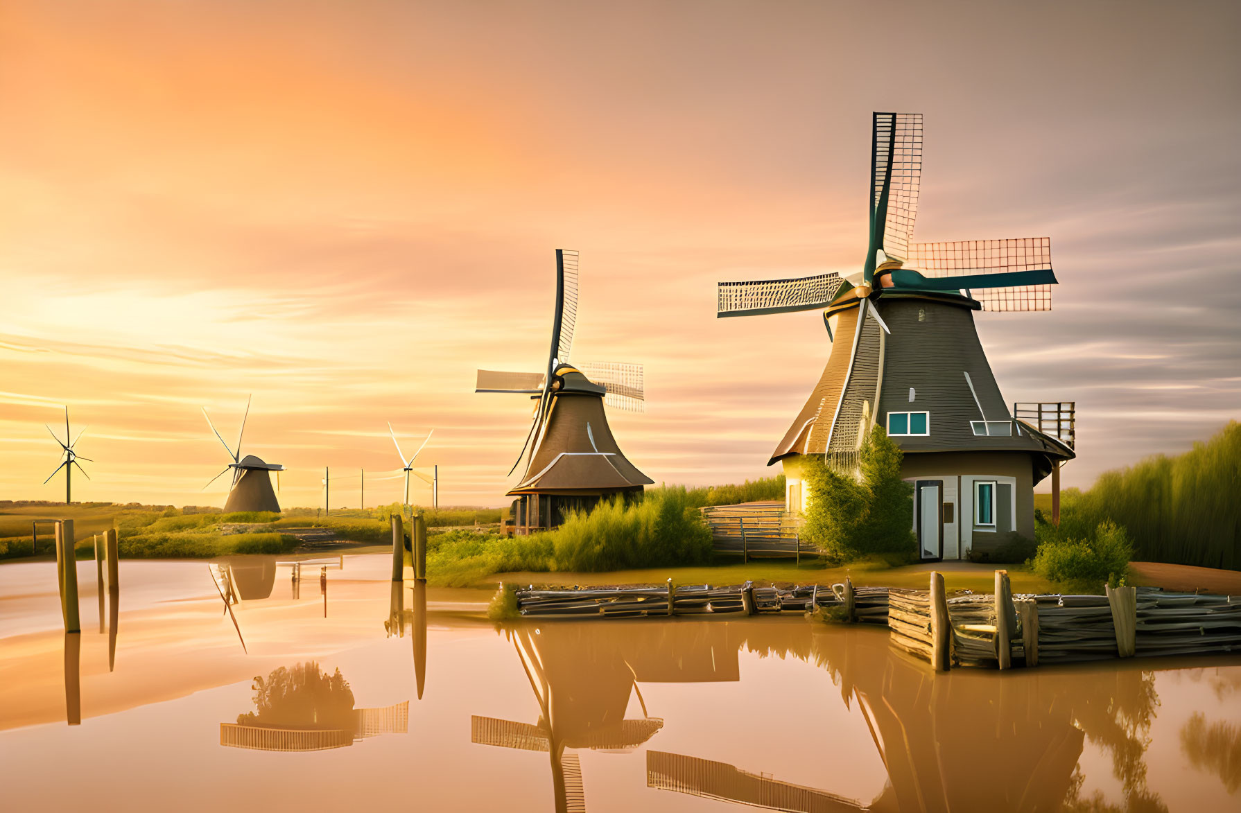 Dutch windmills by calm waterway at sunset