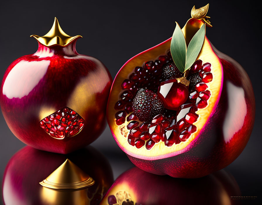 Stylized pomegranate with glossy finish and golden crown, cut open to reveal ruby-like