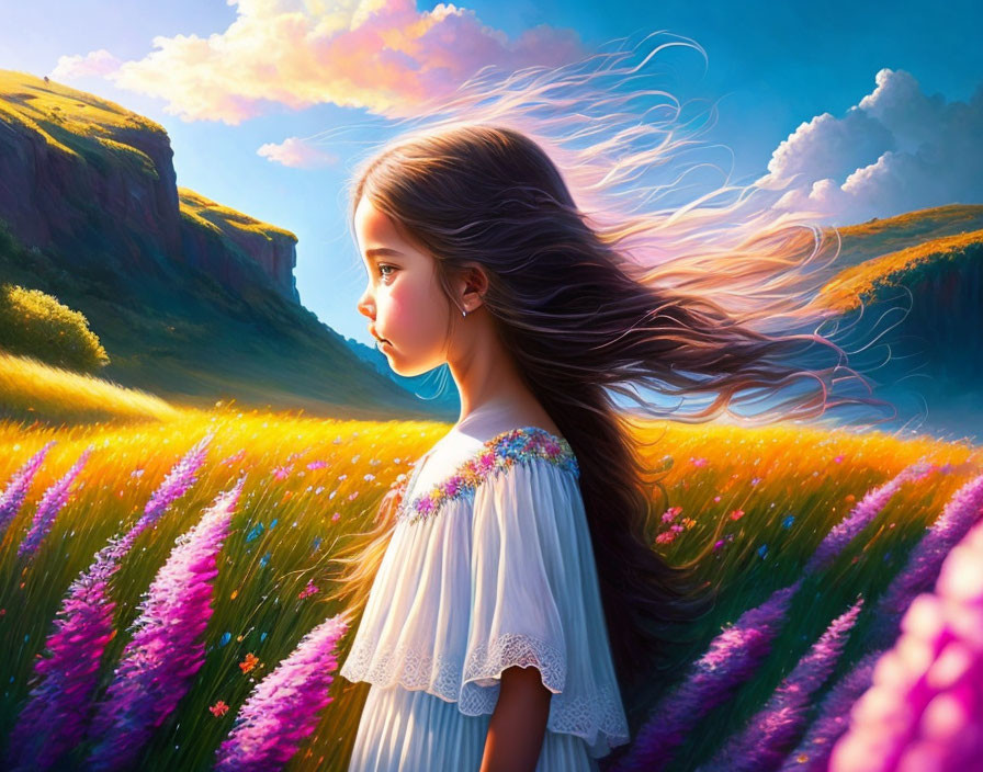 Young girl in vibrant flower field with scenic cliffs and cloudy sky
