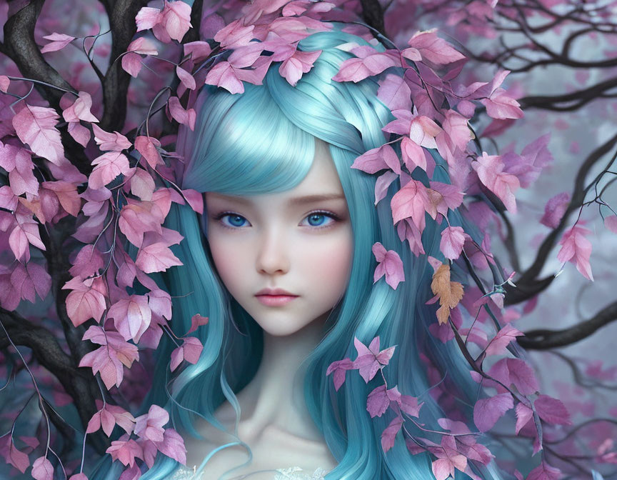 Pastel Blue-Haired Animated Character Surrounded by Pink Blossoms