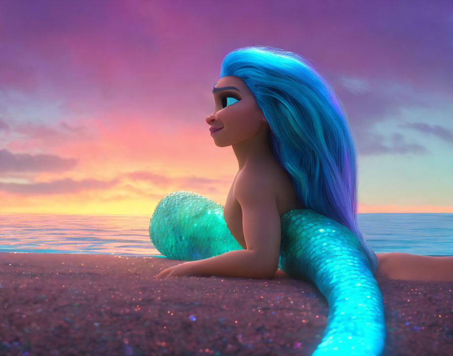 Blue-Haired 3D Animated Mermaid Resting on Beach at Sunset