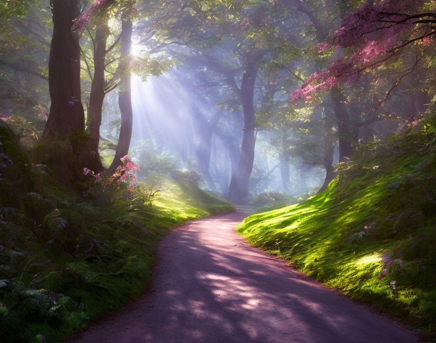 Tranquil woodland path with sunbeams and blooming flowers