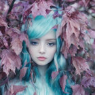 Pastel Blue-Haired Animated Character Surrounded by Pink Blossoms