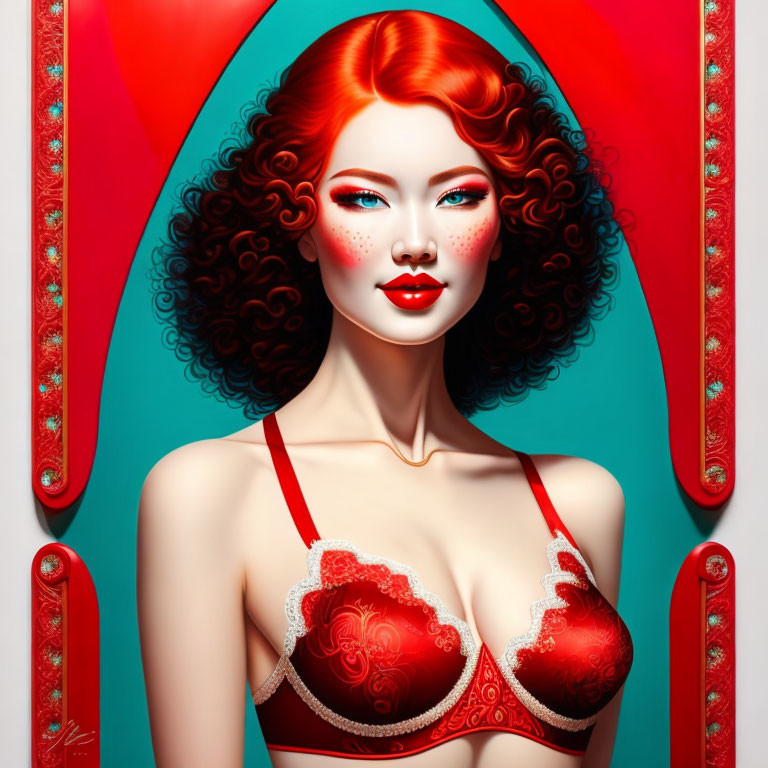 Digital portrait of woman with red hair and blue eyes in red lingerie on colorful background