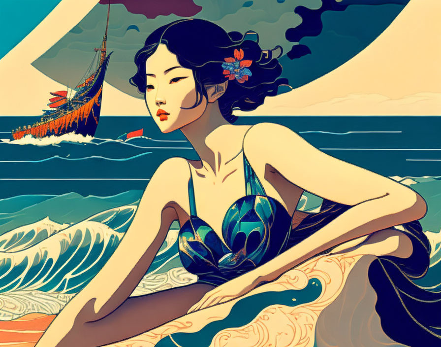 Stylized woman with flower by the sea and ship in background