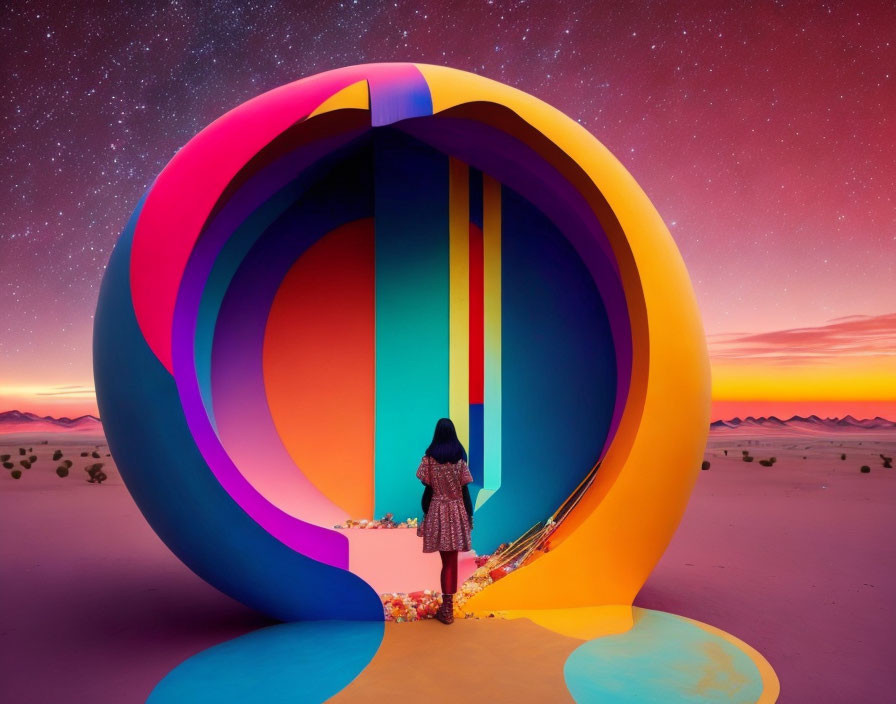 Colorful Circular Abstract Sculpture in Desert Twilight Sky