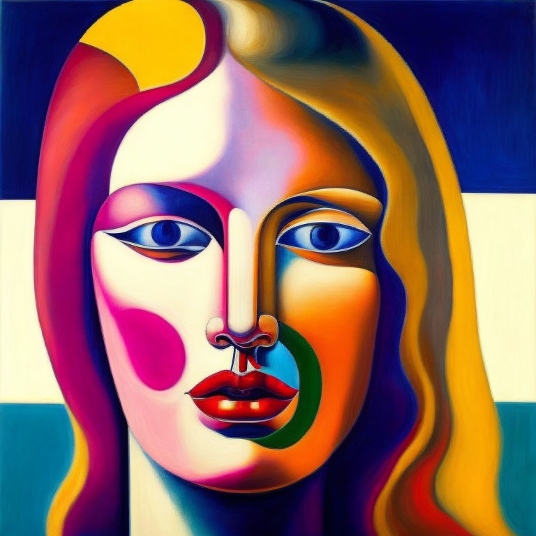 Vibrant abstract portrait with asymmetrical features and contrasting colors
