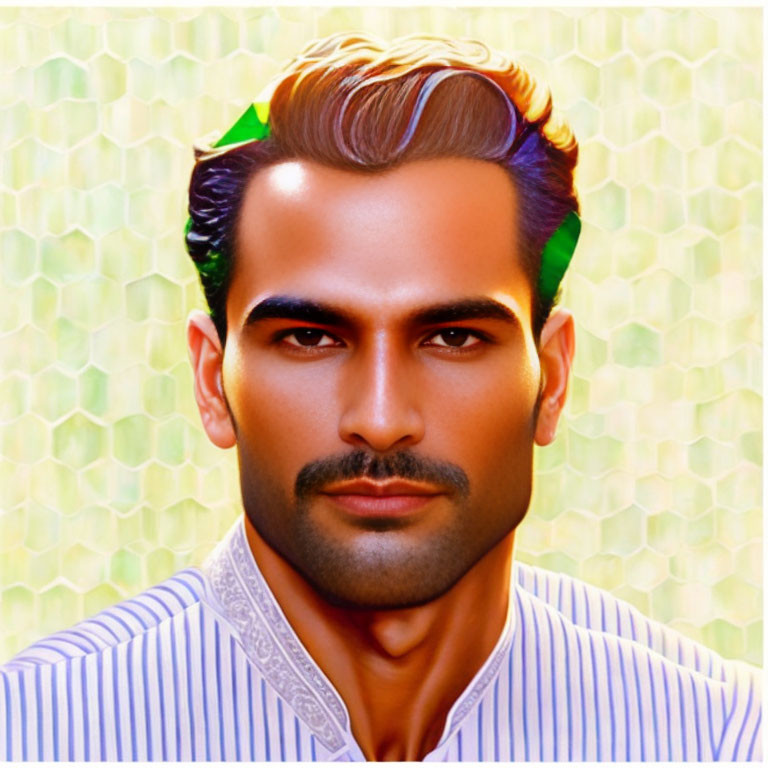 Man with Slicked-Back Hair & Beard in Striped Shirt with Green Leaf - Colorful