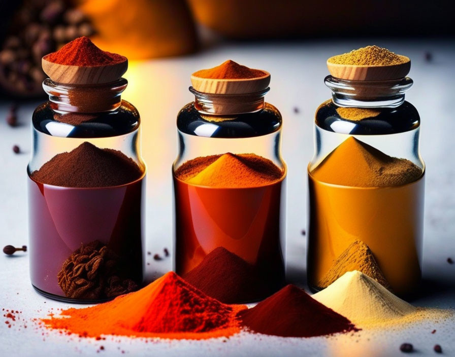 Colorful Ground Spices in Glass Jars on Dark Background