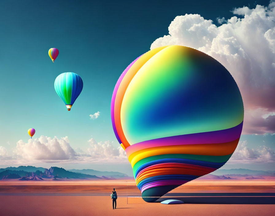 Person admires colorful hot air balloons in vast desert landscape