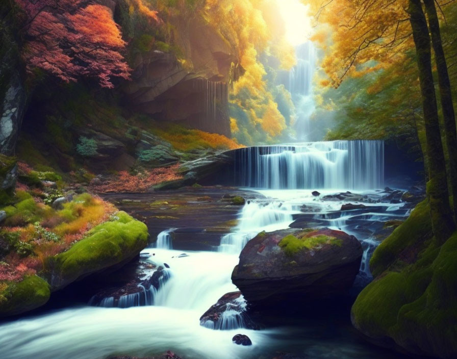 Tranquil waterfall in autumn forest with sunlight filtering through trees