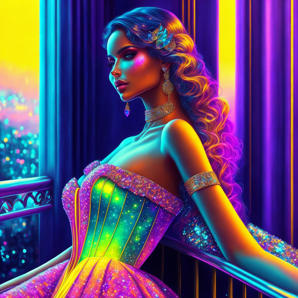 Colorful illustration of woman with glowing skin on balcony with neon-lit curtains