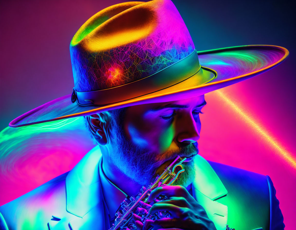 Bearded man plays saxophone under neon lights