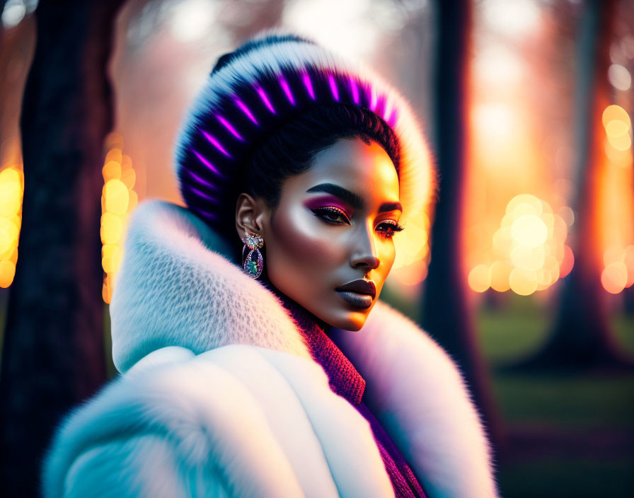 Colorful makeup and fur coat portrait against warm lights and trees