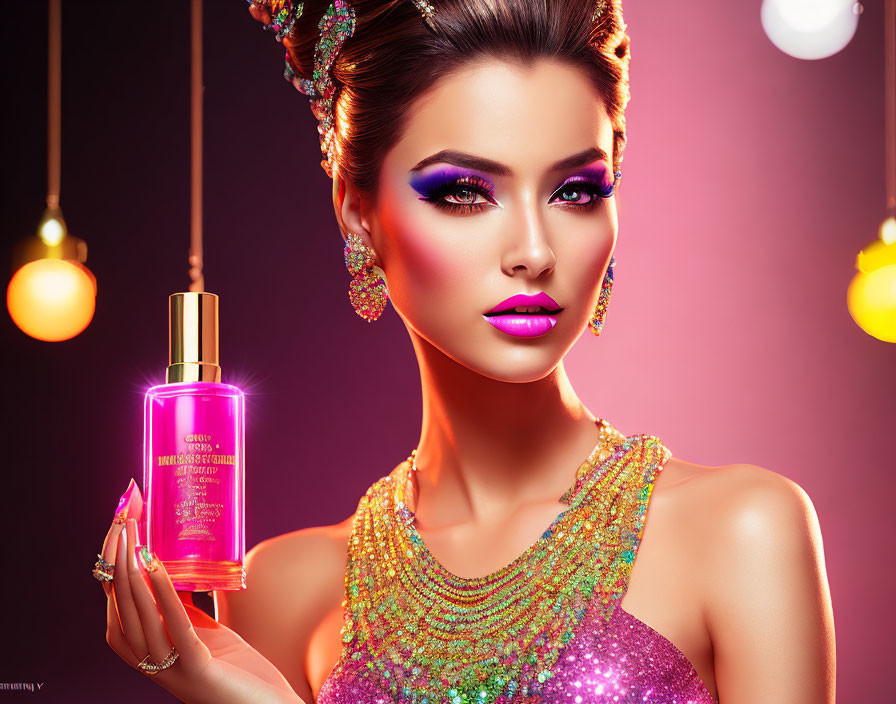 Colorful makeup product display by woman in glittery attire on pink backdrop