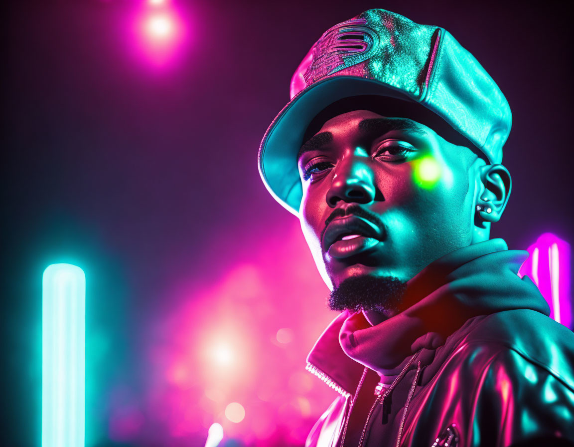 Stylish man in silver cap illuminated by neon lights in pink and green hues