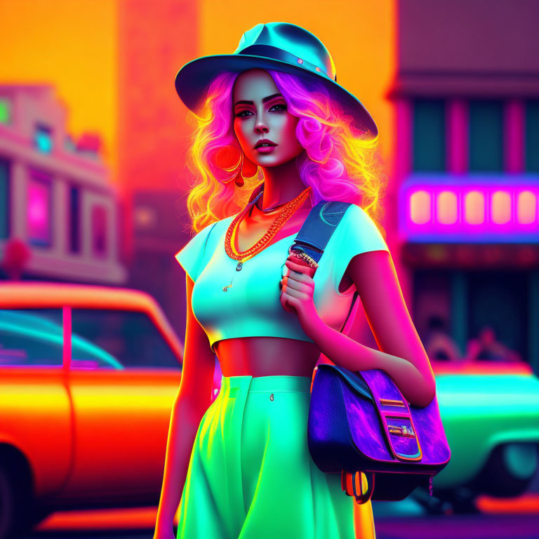 Fashionable woman with pastel purple hair in white crop top and mint skirt on neon-lit street