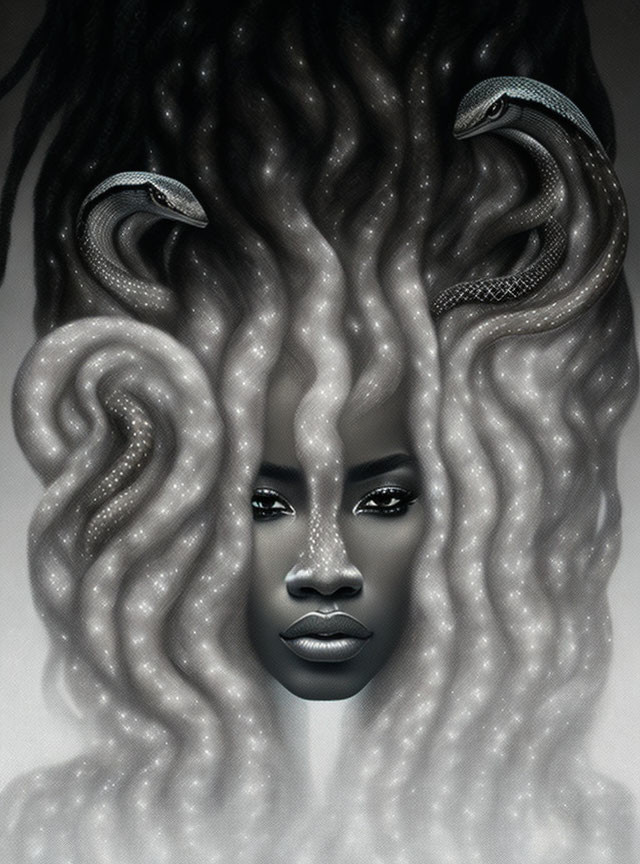 Woman with captivating eyes and serpentine hair artwork.