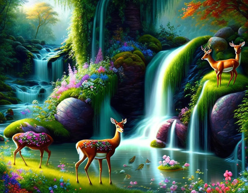 Colorful digital art: Forest scene with waterfalls, flowers, mossy stones, and deer.