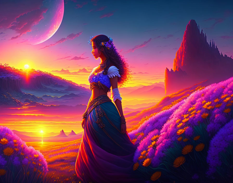 Woman in ornate outfit in purple field at sunset with crescent moon and mountains