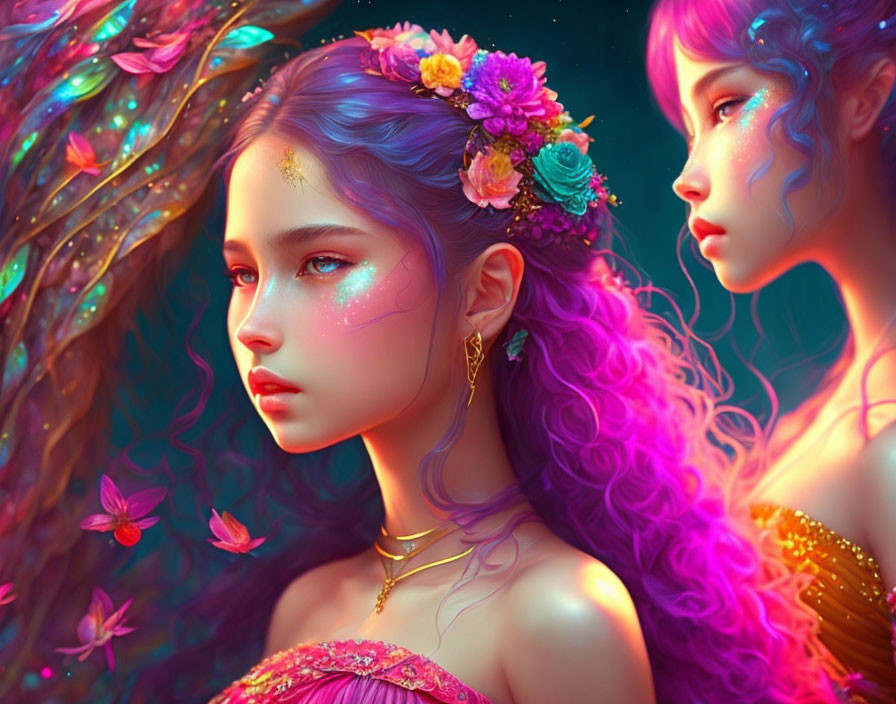 Vibrant purple-haired women with floral adornments in magical setting