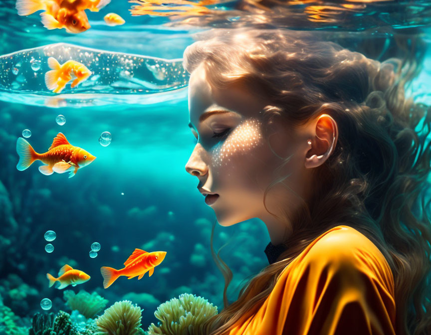 Woman surrounded by orange fish in serene underwater scene