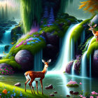 Colorful digital art: Forest scene with waterfalls, flowers, mossy stones, and deer.