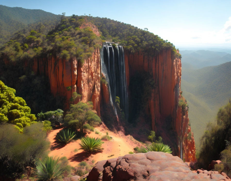 Tranquil waterfall cascading over red-rock cliff in lush greenery